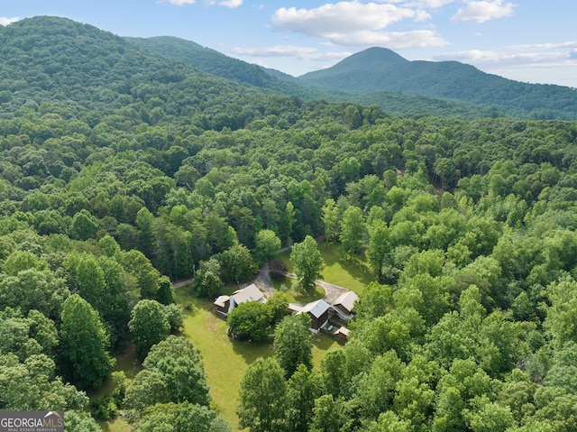 aerial view with a mountain view and a view of trees