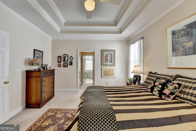 1301 Dayspring Trce, Lawrenceville, GA 30045 - bedroom with light carpet, baseboards, a raised ceiling, and crown molding