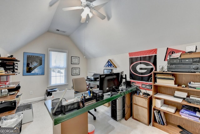 1301 Dayspring Trce, Lawrenceville, GA 30045 - home office with vaulted ceiling, visible vents, and a ceiling fan