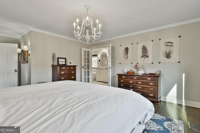 bedroom featuring baseboards, dark wood finished floors, ensuite bath, ornamental molding, and a chandelier