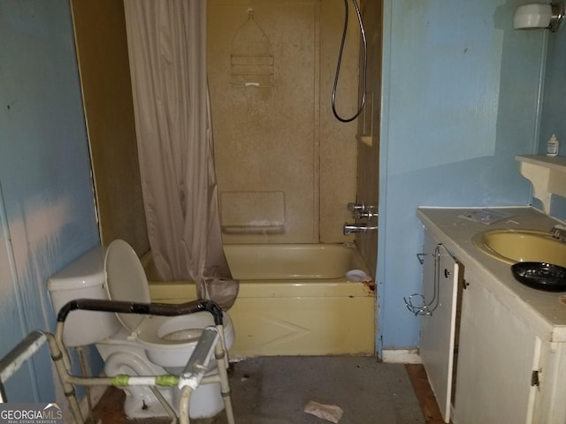 full bathroom with vanity, toilet, and shower / bath combo with shower curtain