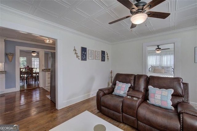 living area with an ornate ceiling, wood finished floors, and a wealth of natural light