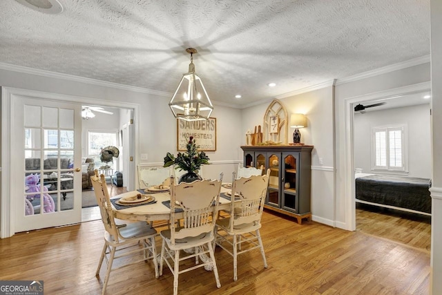 dining space with light wood-type flooring, a textured ceiling, and crown molding