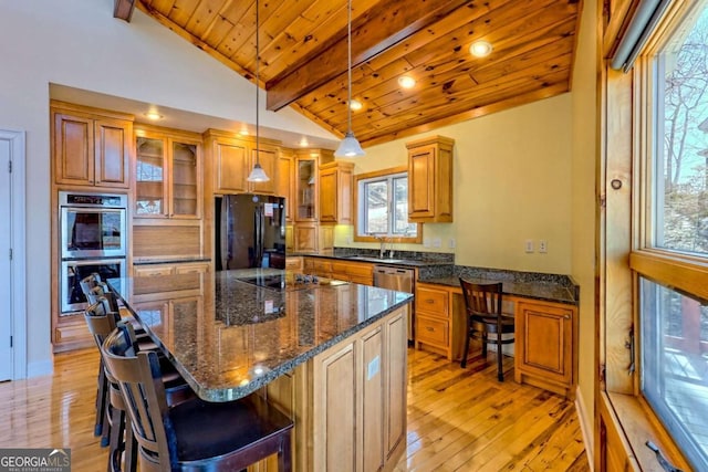 kitchen featuring lofted ceiling with beams, black appliances, wooden ceiling, and light wood-style flooring