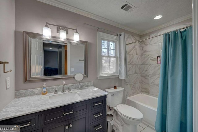 full bath with visible vents, toilet, ornamental molding, a textured ceiling, and vanity