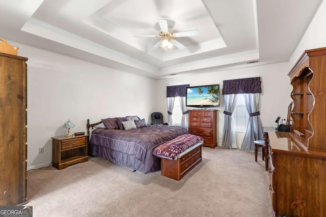 1800 Rockdale Cir, Snellville, GA 30078 - bedroom featuring carpet floors, a raised ceiling, ornamental molding, and a ceiling fan