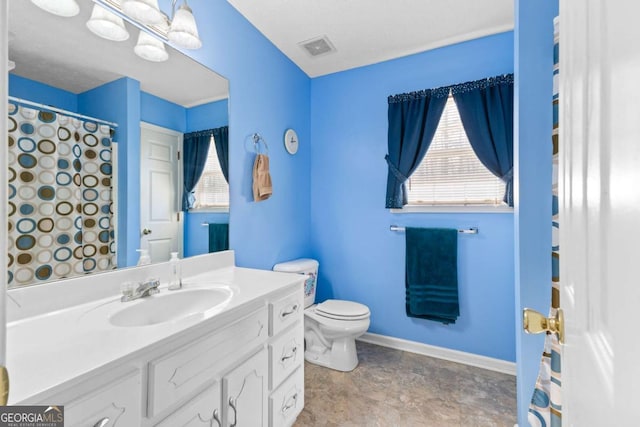 1800 Rockdale Cir, Snellville, GA 30078 - full bathroom with a wealth of natural light, visible vents, vanity, and toilet