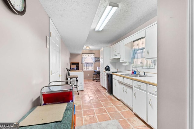 1800 Rockdale Cir, Snellville, GA 30078 - kitchen with light countertops, white cabinets, a sink, a textured ceiling, and under cabinet range hood