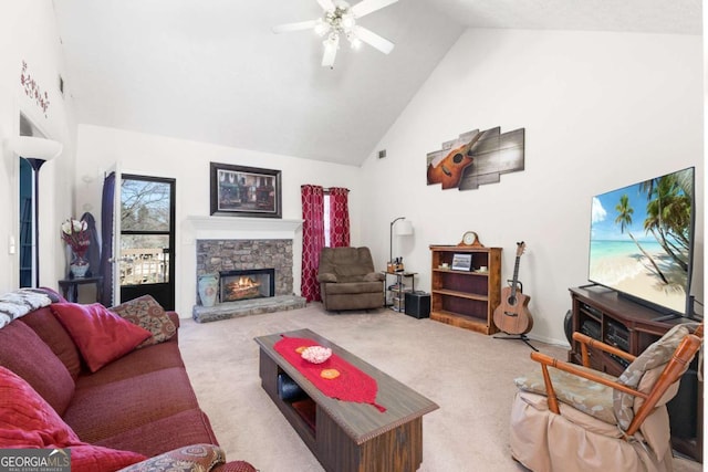 1800 Rockdale Cir, Snellville, GA 30078 - carpeted living room with a fireplace, high vaulted ceiling, and a ceiling fan