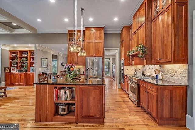 kitchen featuring open shelves, high end appliances, and brown cabinets