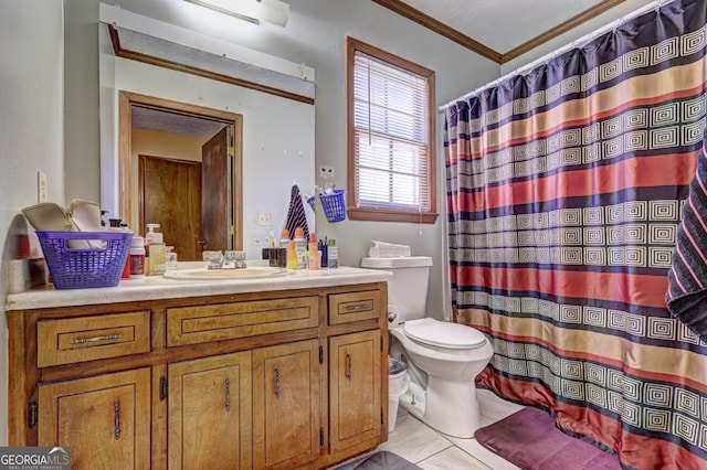 full bathroom with crown molding, curtained shower, toilet, vanity, and tile patterned flooring