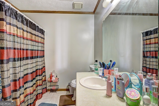 full bathroom with curtained shower, toilet, a textured ceiling, vanity, and tile patterned flooring