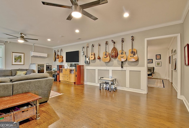 1453 Midview Dr, Decatur, GA 30032 - living area featuring ornamental molding, wood finished floors, a ceiling fan, and a wall mounted air conditioner