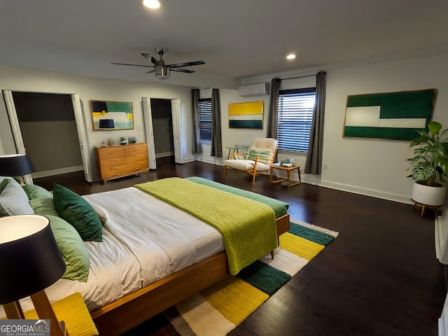 1453 Midview Dr, Decatur, GA 30032 - bedroom with recessed lighting, an AC wall unit, ceiling fan, wood finished floors, and baseboards
