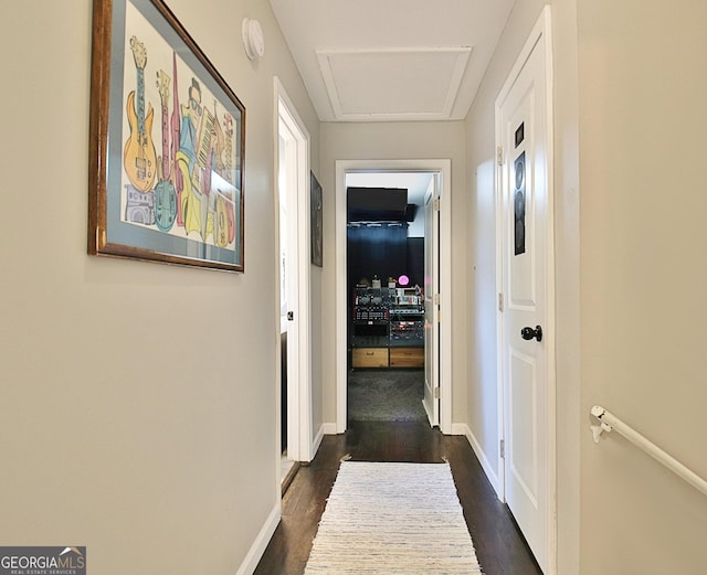 1453 Midview Dr, Decatur, GA 30032 - hallway featuring attic access, baseboards, and dark wood finished floors