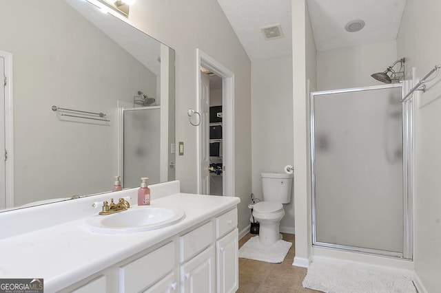 full bath featuring a stall shower, visible vents, toilet, tile patterned floors, and vanity