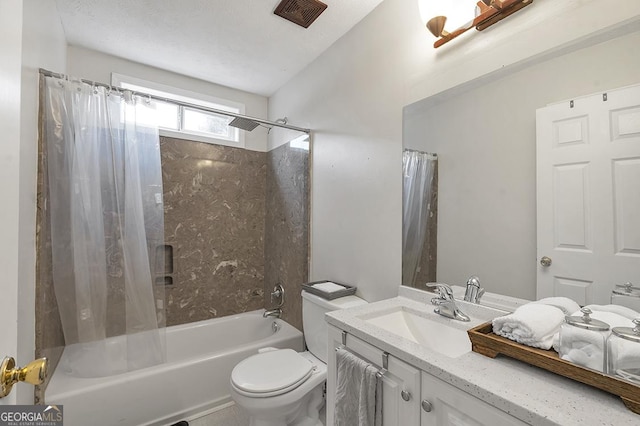 bathroom with visible vents, shower / tub combo with curtain, vanity, and toilet