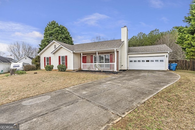 ranch-style home featuring driveway, a garage, a chimney, fence, and a porch