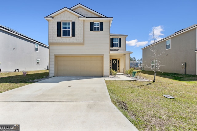 traditional-style home featuring an attached garage, concrete driveway, and a front yard