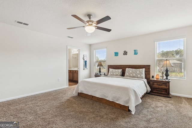 bedroom with baseboards, visible vents, ceiling fan, and carpet flooring