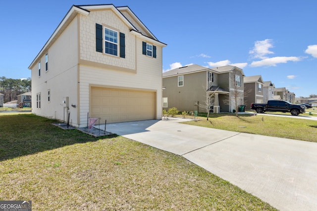 traditional home with driveway, a front lawn, and an attached garage