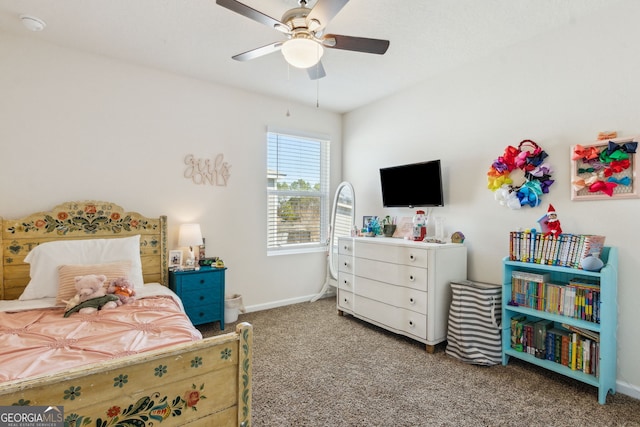 bedroom with carpet, baseboards, and ceiling fan