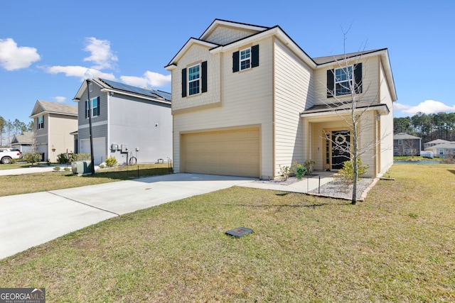 traditional-style home featuring an attached garage, a front lawn, and concrete driveway