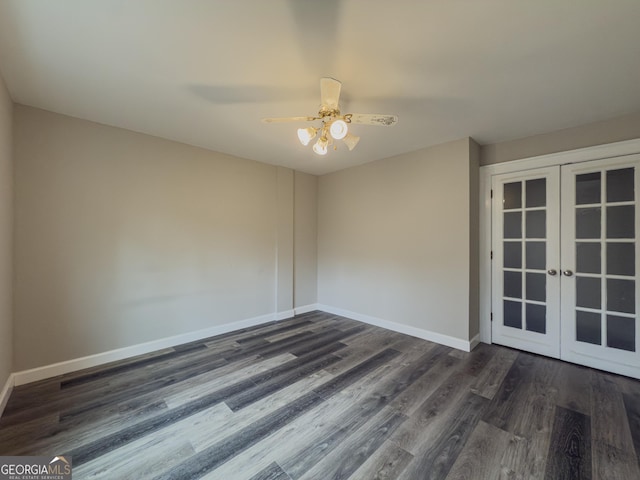 unfurnished room featuring dark wood-style floors, french doors, ceiling fan, and baseboards