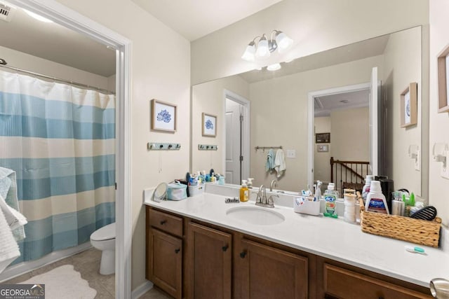 bathroom with visible vents, toilet, tile patterned floors, curtained shower, and vanity