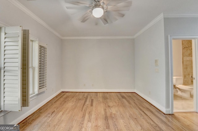 unfurnished bedroom with baseboards, ensuite bath, ceiling fan, ornamental molding, and light wood-style floors