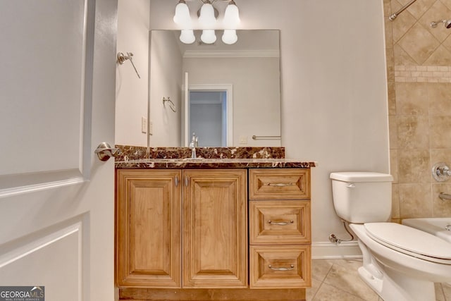 bathroom featuring toilet, tile patterned floors, tub / shower combination, crown molding, and vanity