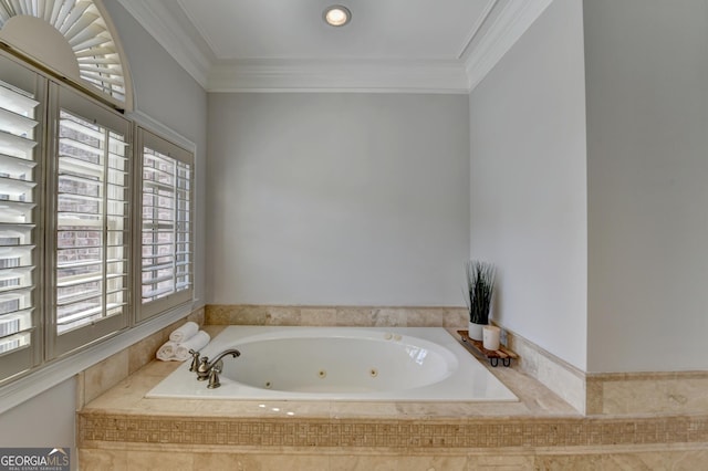 full bathroom with a whirlpool tub and ornamental molding