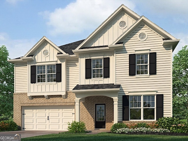 view of front of home with an attached garage, driveway, board and batten siding, and brick siding