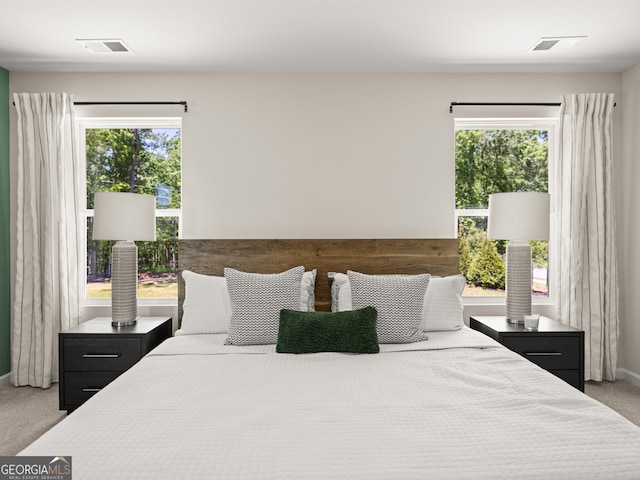 bedroom featuring carpet, visible vents, and baseboards