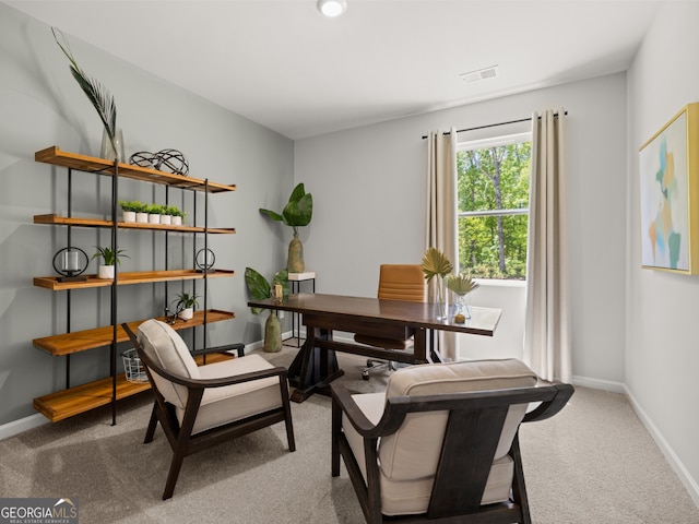 carpeted office space with baseboards and visible vents