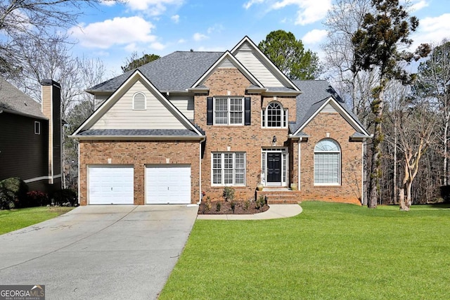 view of front of property featuring an attached garage, brick siding, a shingled roof, concrete driveway, and a front lawn