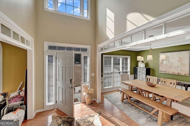 foyer with baseboards, a high ceiling, and hardwood / wood-style flooring