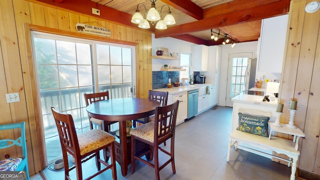 dining room featuring wood ceiling, wooden walls, beam ceiling, and a notable chandelier