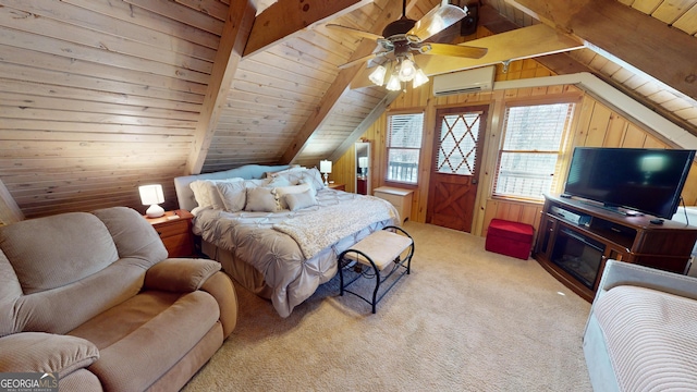 bedroom featuring vaulted ceiling with beams, wooden ceiling, wood walls, carpet flooring, and an AC wall unit