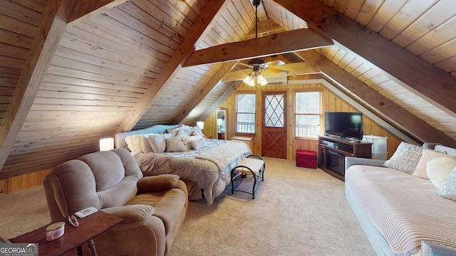 bedroom featuring wood ceiling, light colored carpet, wood walls, and lofted ceiling with beams