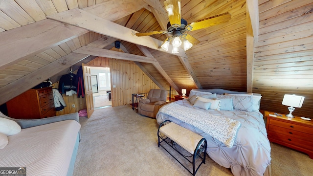 bedroom with carpet floors, vaulted ceiling with beams, a ceiling fan, wood ceiling, and wooden walls