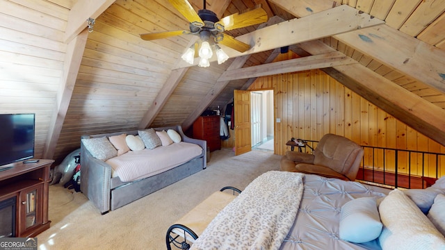 carpeted bedroom featuring lofted ceiling with beams, wood ceiling, and wooden walls