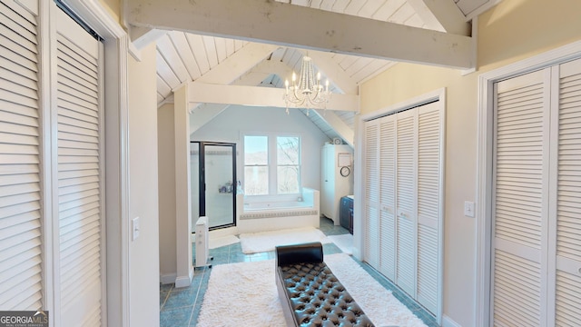 corridor featuring vaulted ceiling with beams, baseboards, a chandelier, and tile patterned floors