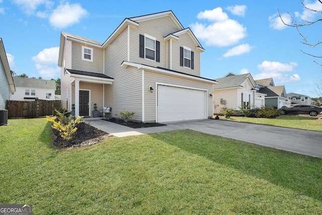 traditional-style house featuring concrete driveway, central AC unit, a front yard, fence, and a garage