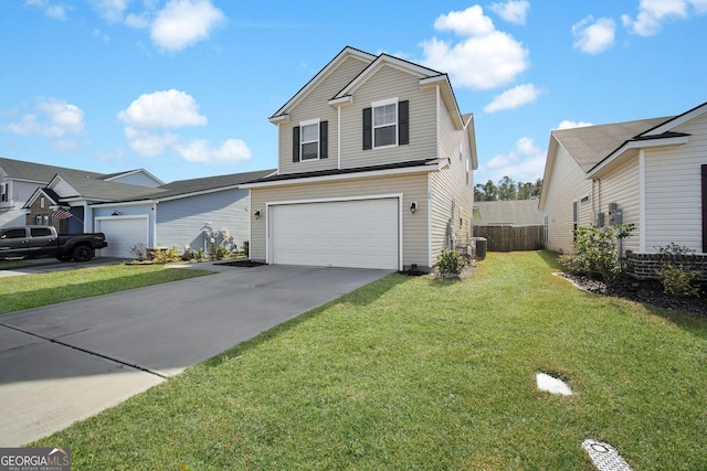 traditional-style house featuring a garage, central AC, a front yard, and driveway