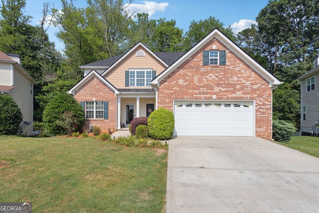 view of front of property featuring a garage, brick siding, concrete driveway, and a front yard