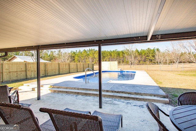 view of pool featuring a patio, a fenced backyard, and a fenced in pool