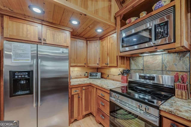 kitchen with wooden ceiling, light wood-style flooring, recessed lighting, appliances with stainless steel finishes, and decorative backsplash