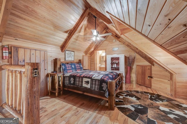 bedroom featuring vaulted ceiling with beams, wooden ceiling, wood walls, and hardwood / wood-style floors