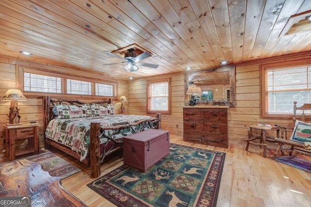 bedroom with hardwood / wood-style flooring, wood ceiling, wooden walls, and recessed lighting